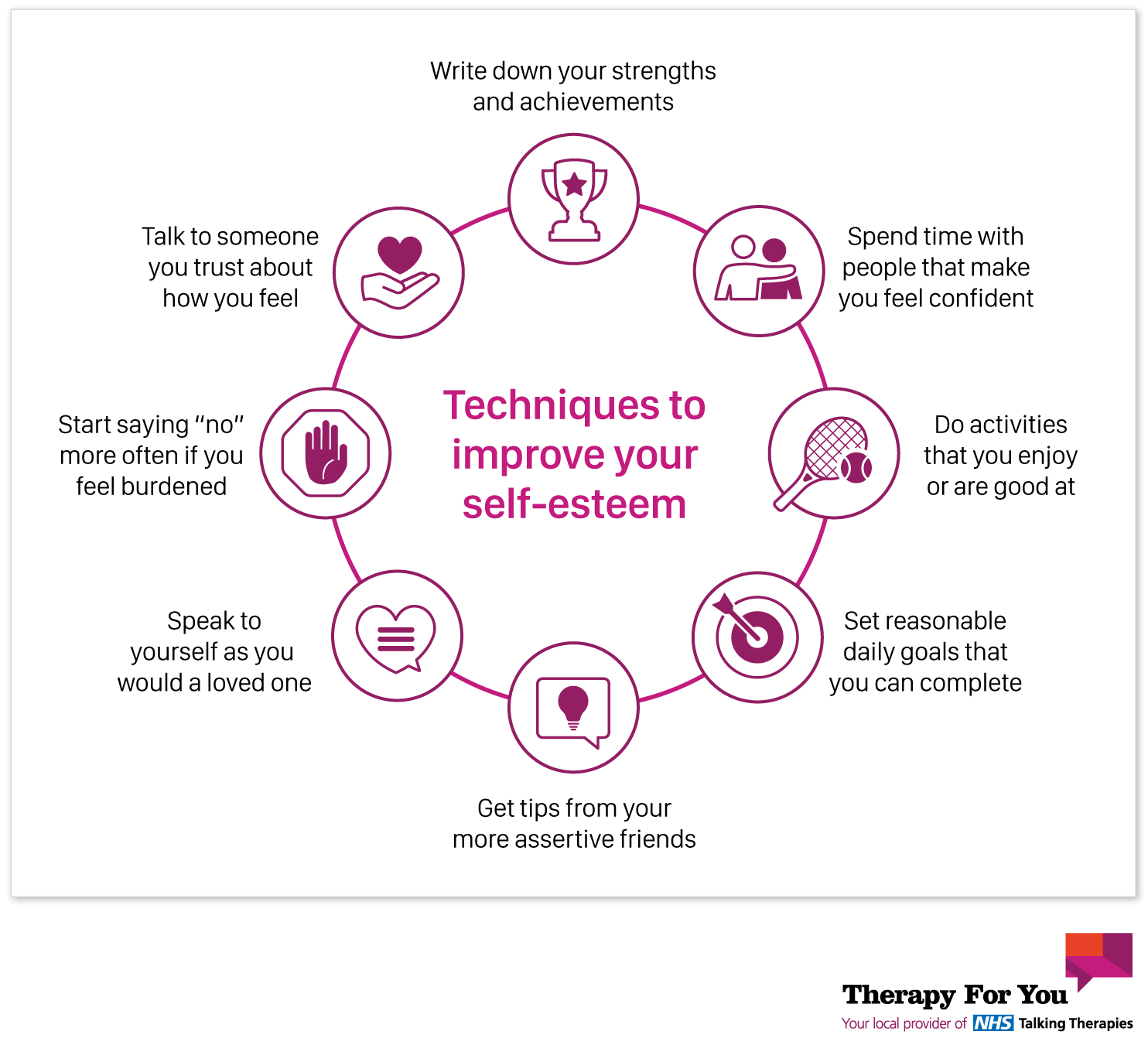 8 techniques to improve confidence and self esteem - Infographic image