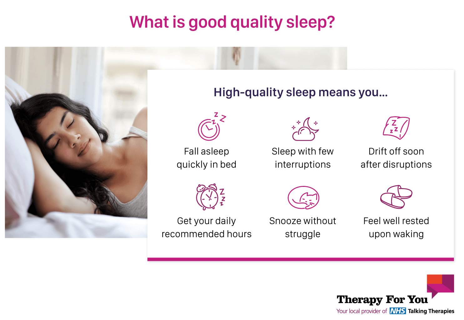 Infographic showing 6 factors that good quality sleep can be measured by